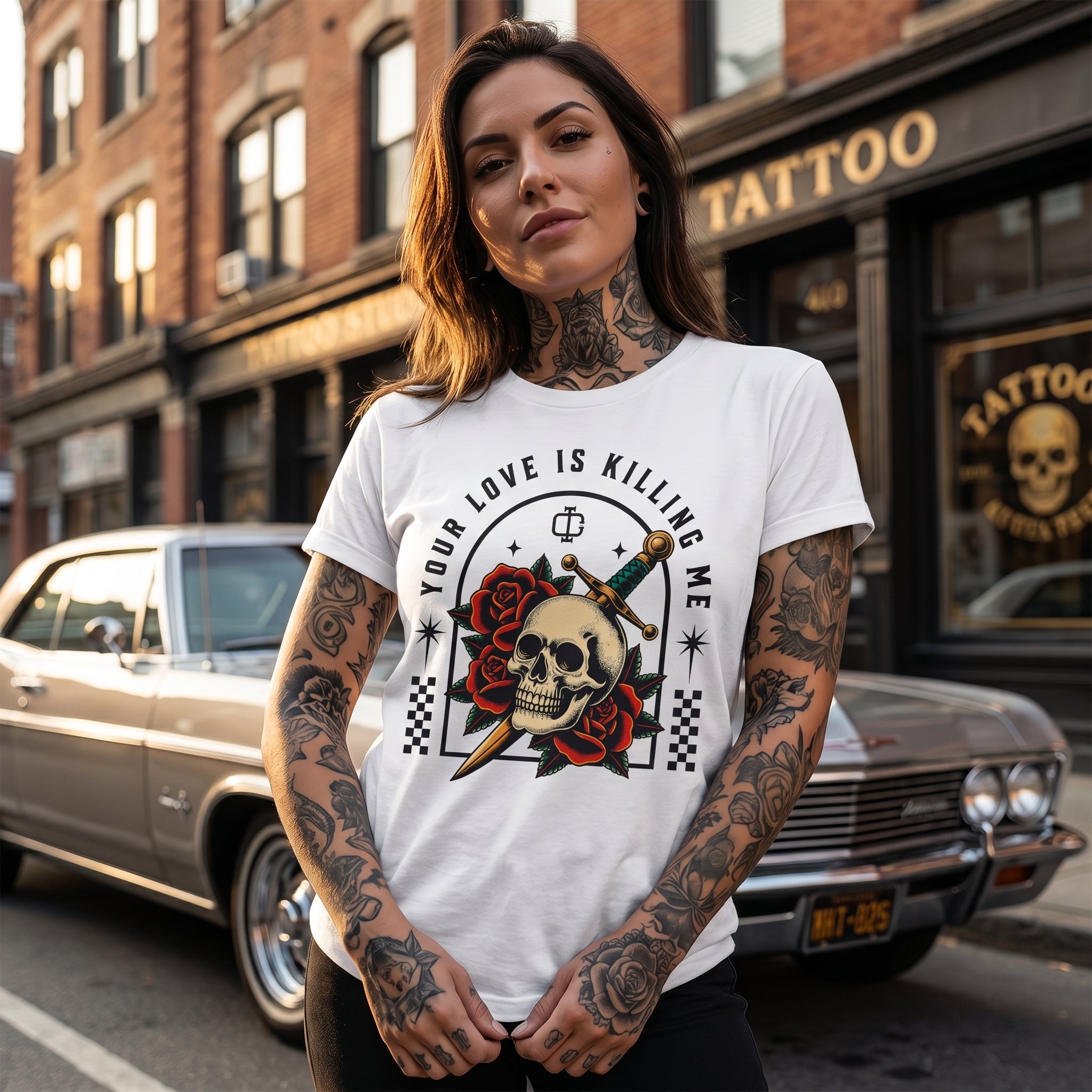 Skull & Dagger T-Shirt — "Your Love Is Killing Me" Gothic Rose Tee