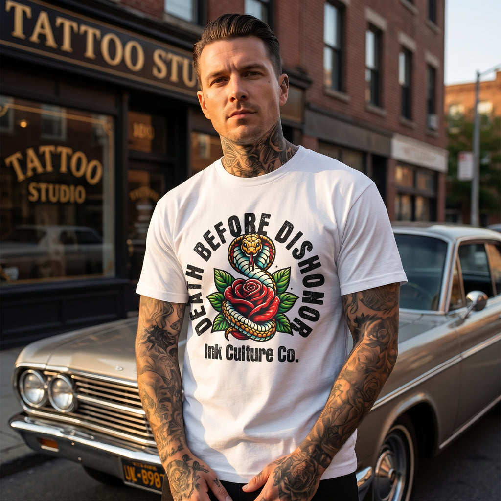 Death Before Dishonor Rose & Cobra T-Shirt — Ink Culture Co. Tattoo Tee