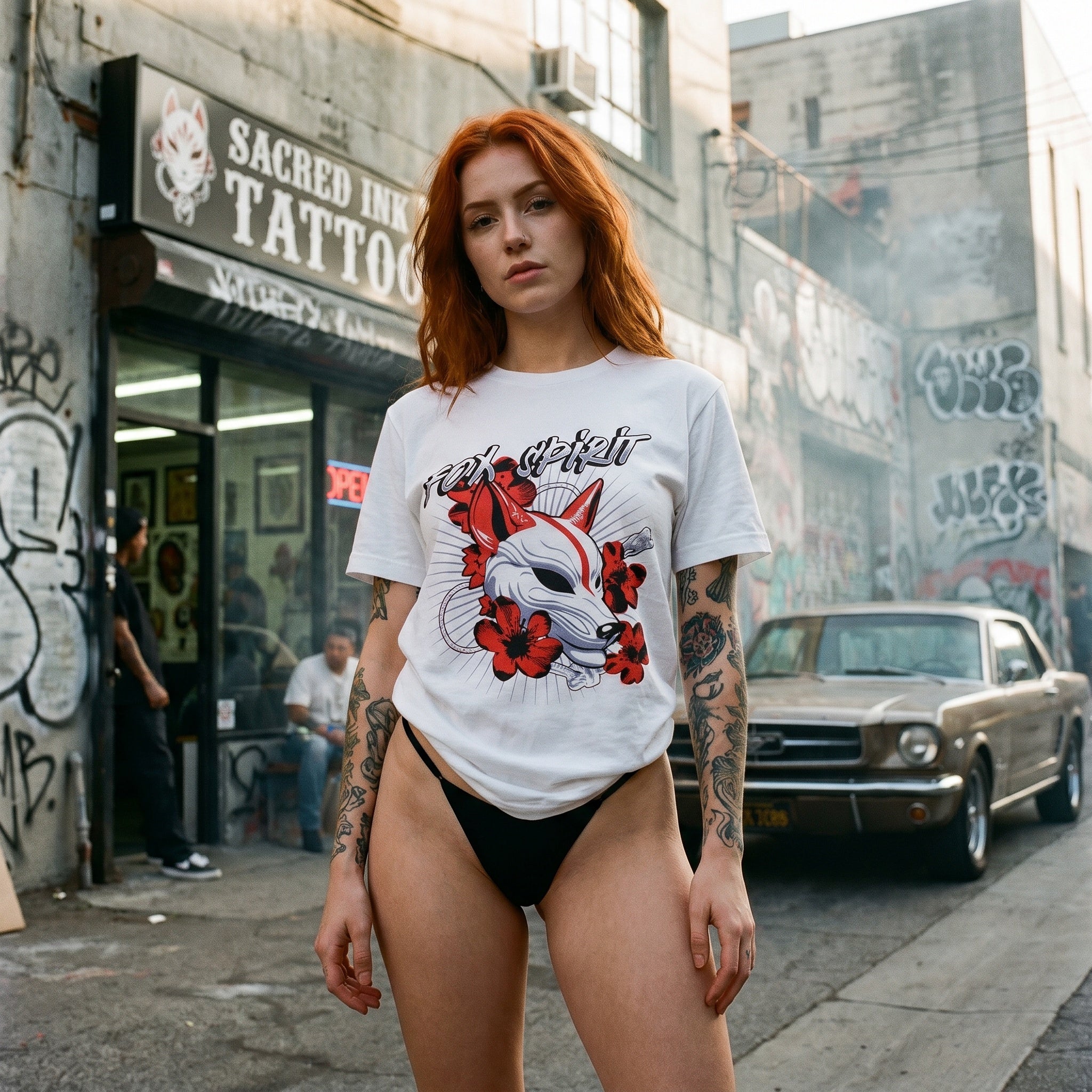 Fox Spirit T-Shirt — Japanese Kitsune Mask with Red Blossoms