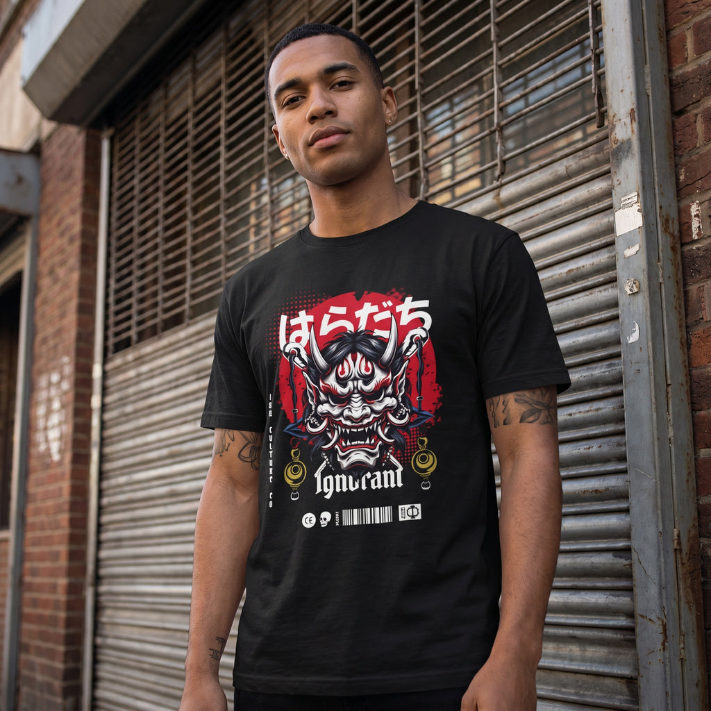 Demon Oni Mask Graphic T-Shirt — Japanese Horror Streetwear with 'Haradachi' Text