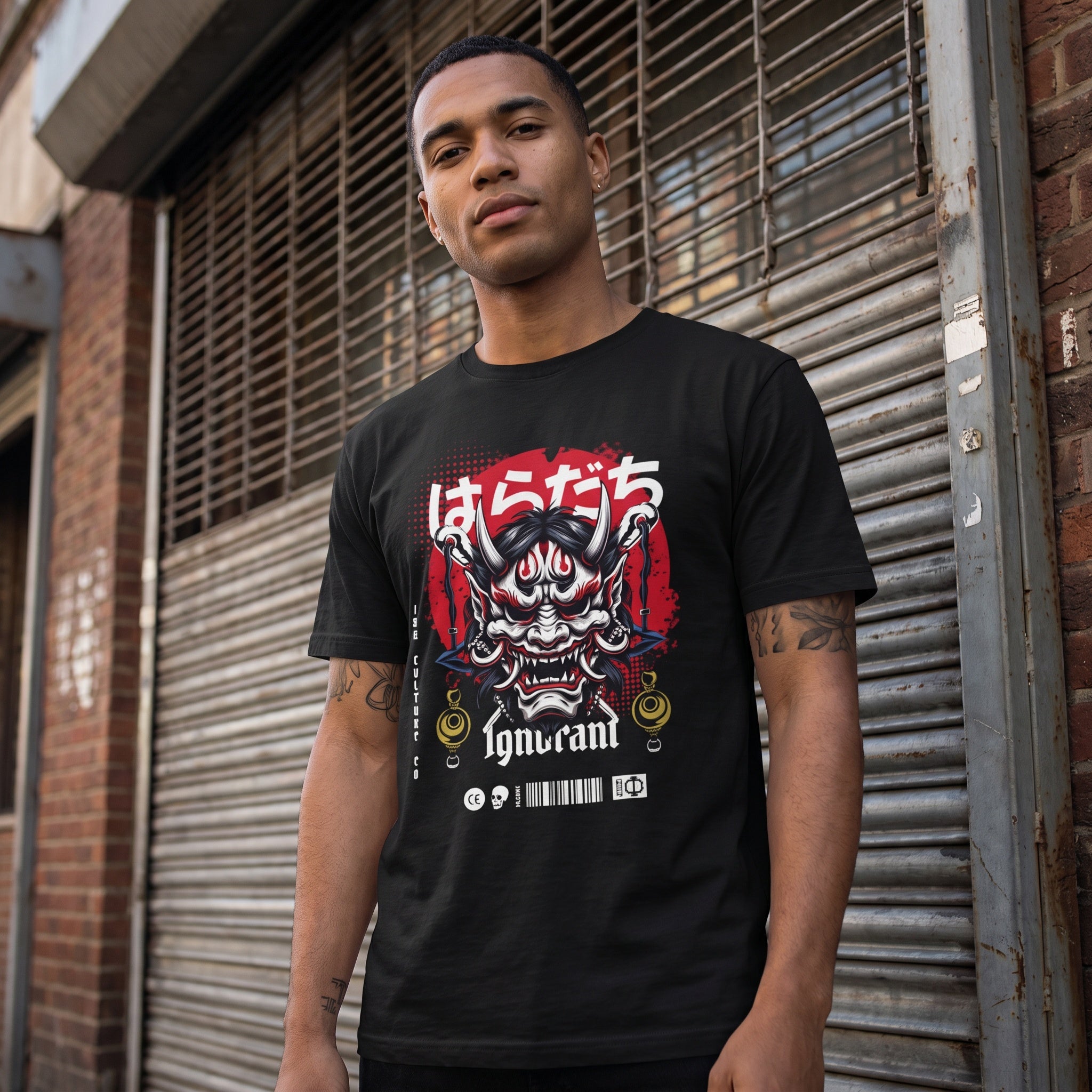 Demon Oni Mask Graphic T-Shirt — Japanese Horror Streetwear with 'Haradachi' Text