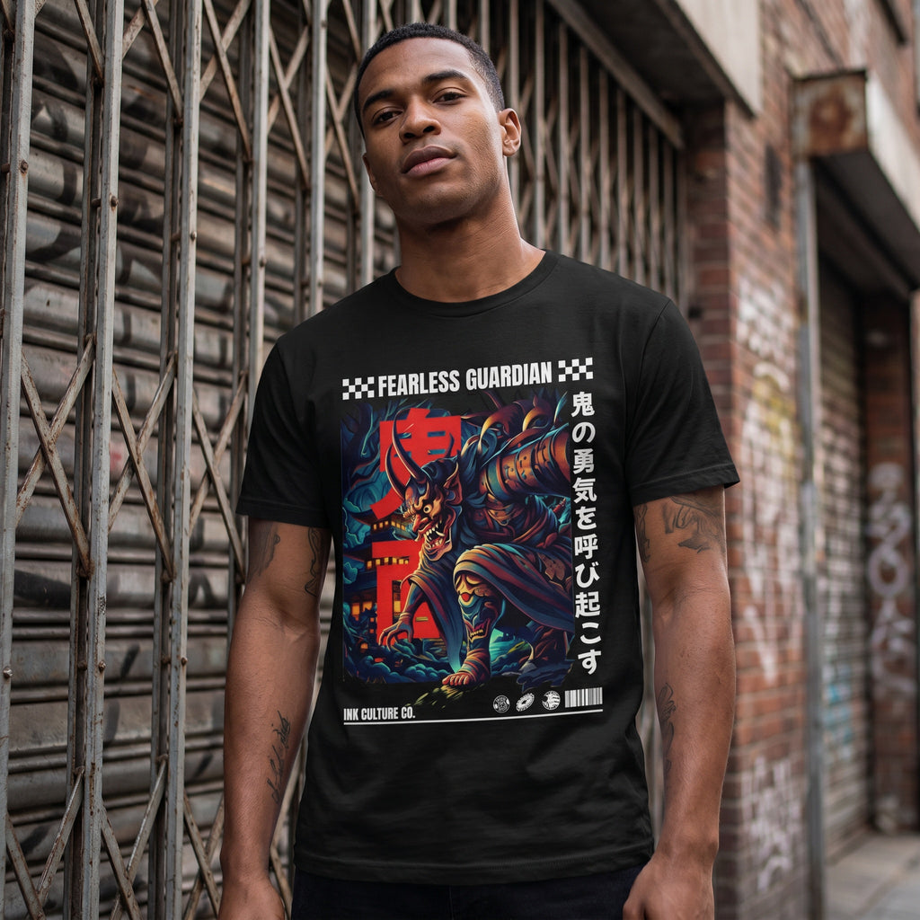 Fearless Guardian Japanese Oni Graphic T-Shirt — Bold Demon Warrior Design