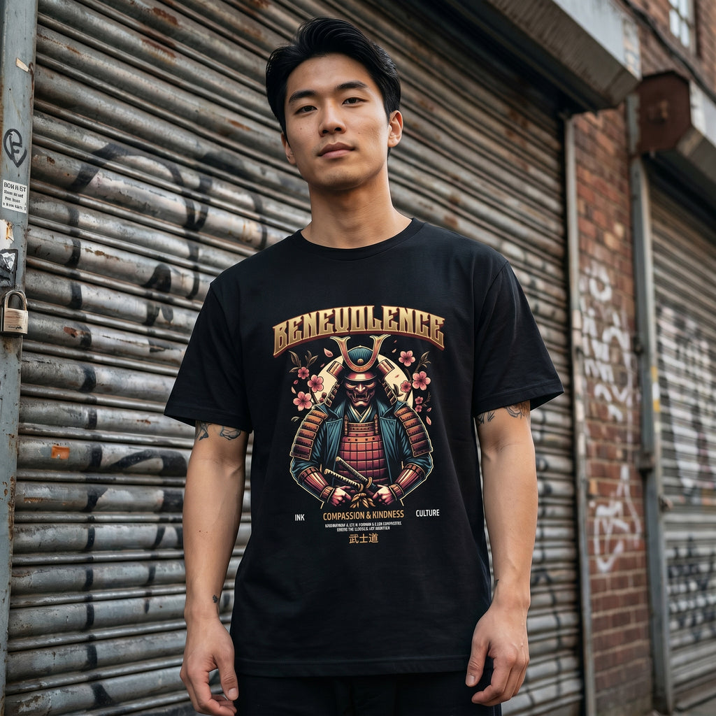 Samurai Vengeance Graphic T-Shirt — Vintage Armor & Cherry Blossom Design