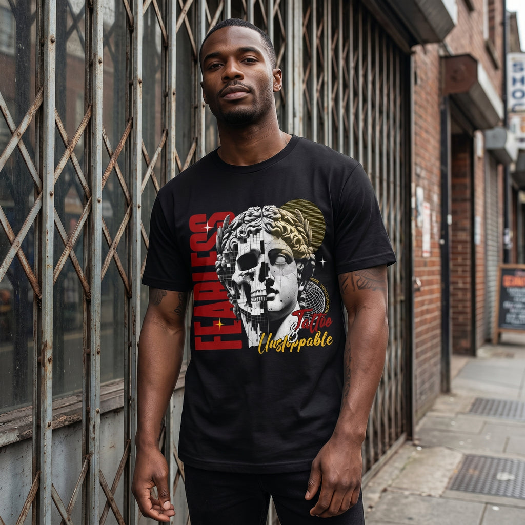 Sculpted Skull Graphic T-Shirt — Fearless Unstoppable Vintage Statue Design