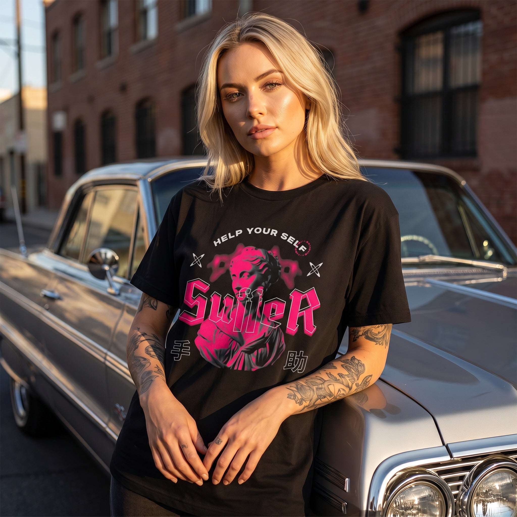 Swiper Graphic T-Shirt — "Help Your Self" Retro Neon Samurai Tee