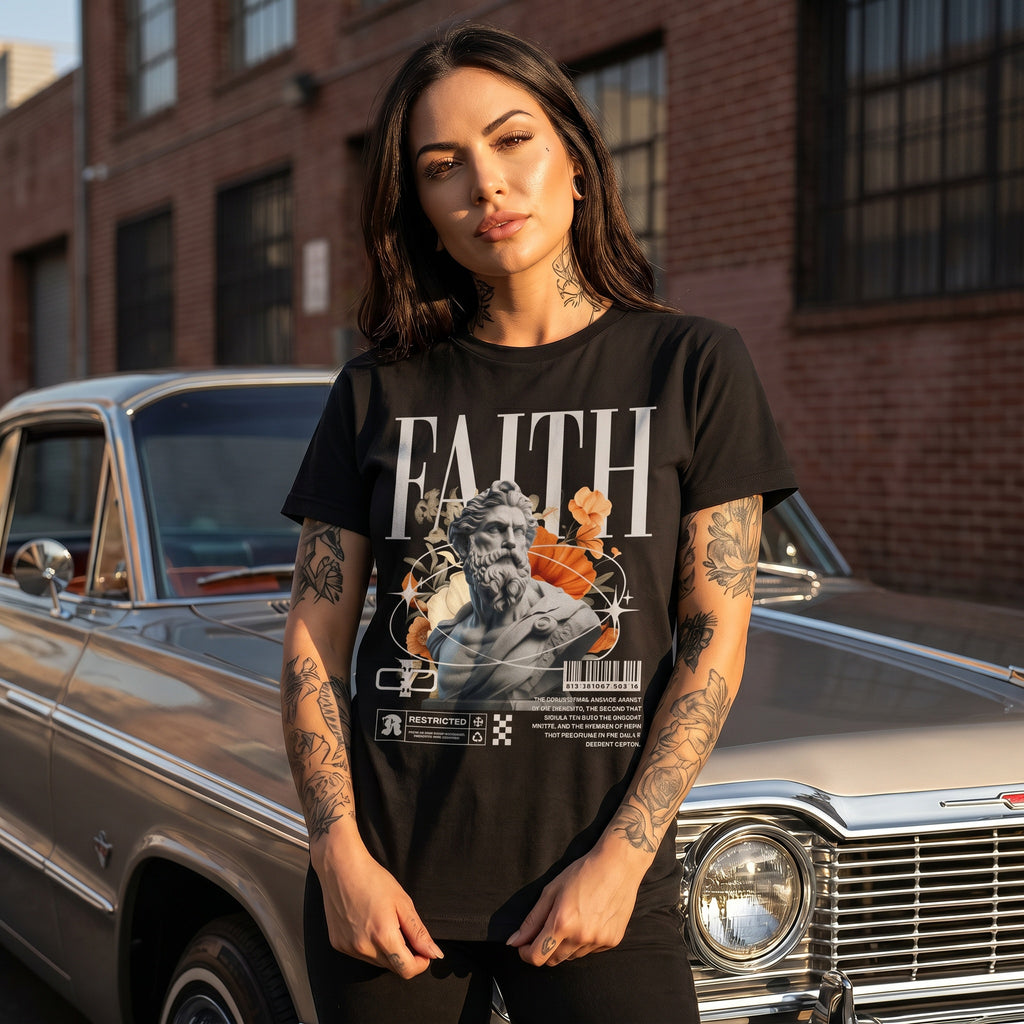 Faith Statue Graphic T-Shirt — Vintage Baroque Floral Streetwear