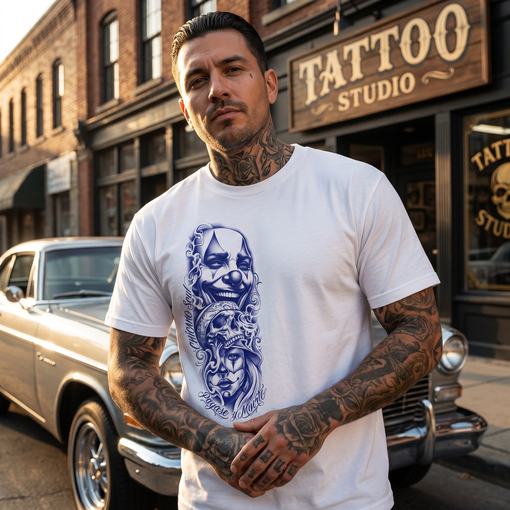 Chicano Skull Tattoo T-Shirt — Mexicano Inked Clownmask Design