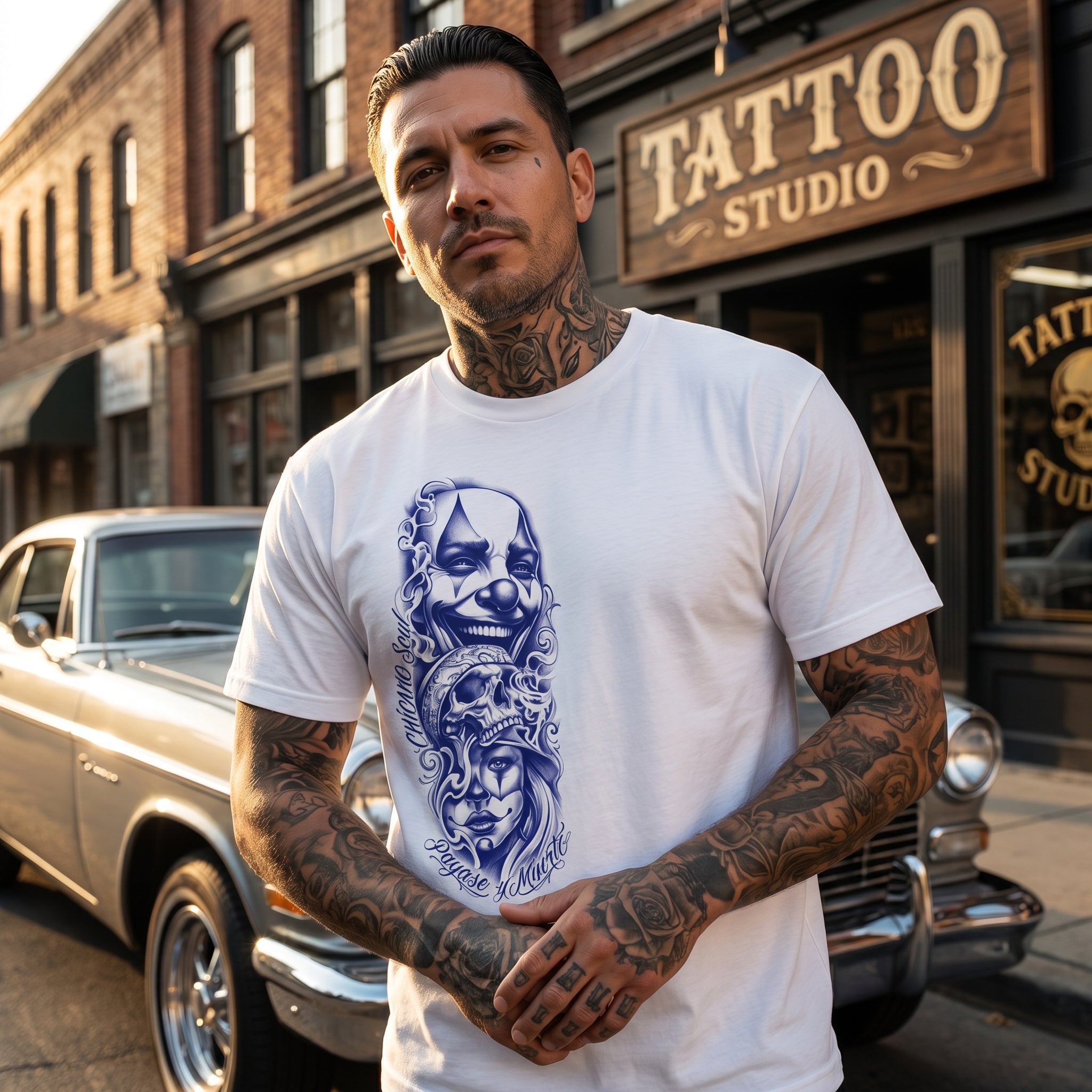 Chicano Skull Tattoo T-Shirt — Mexicano Inked Clownmask Design