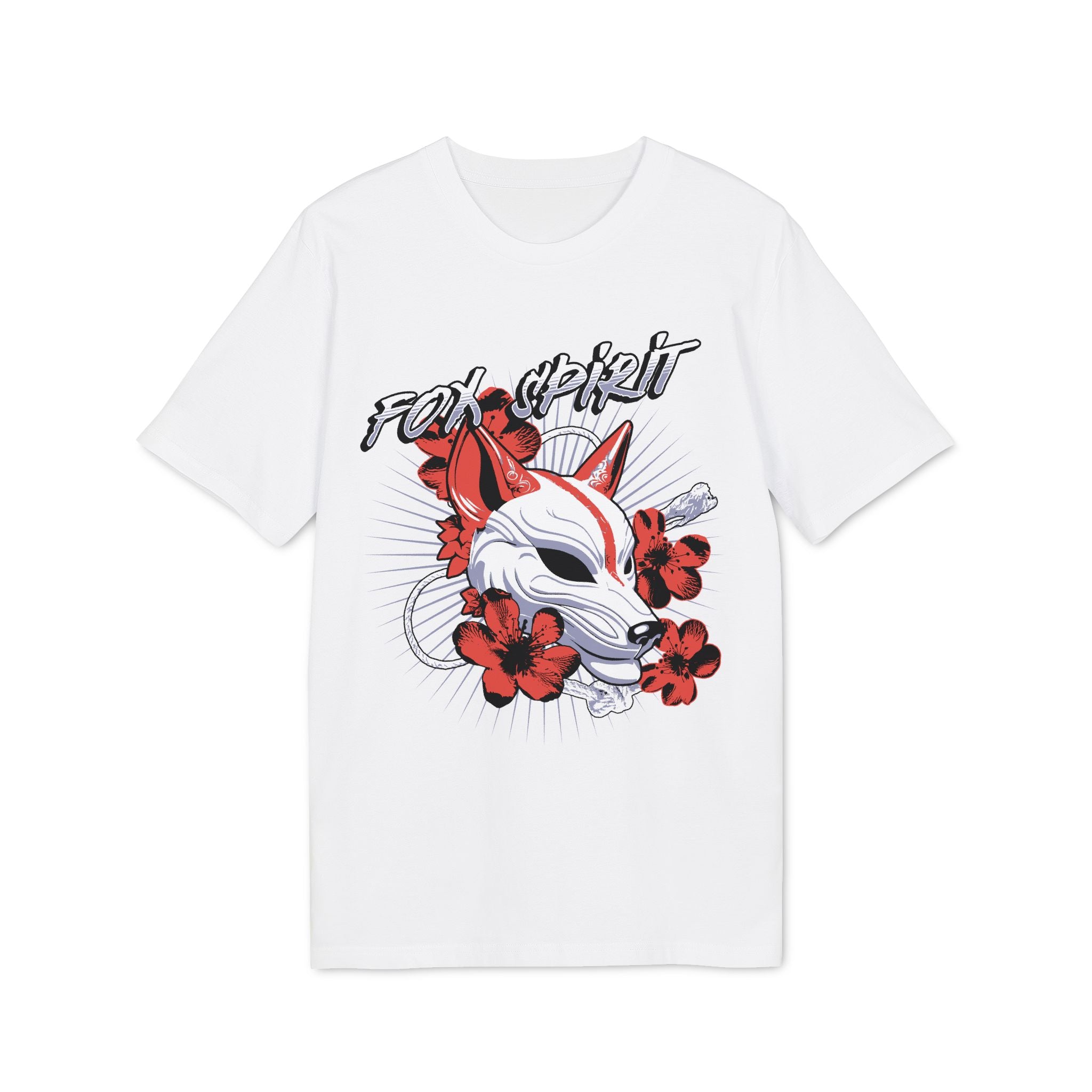 Fox Spirit T-Shirt — Japanese Kitsune Mask with Red Blossoms