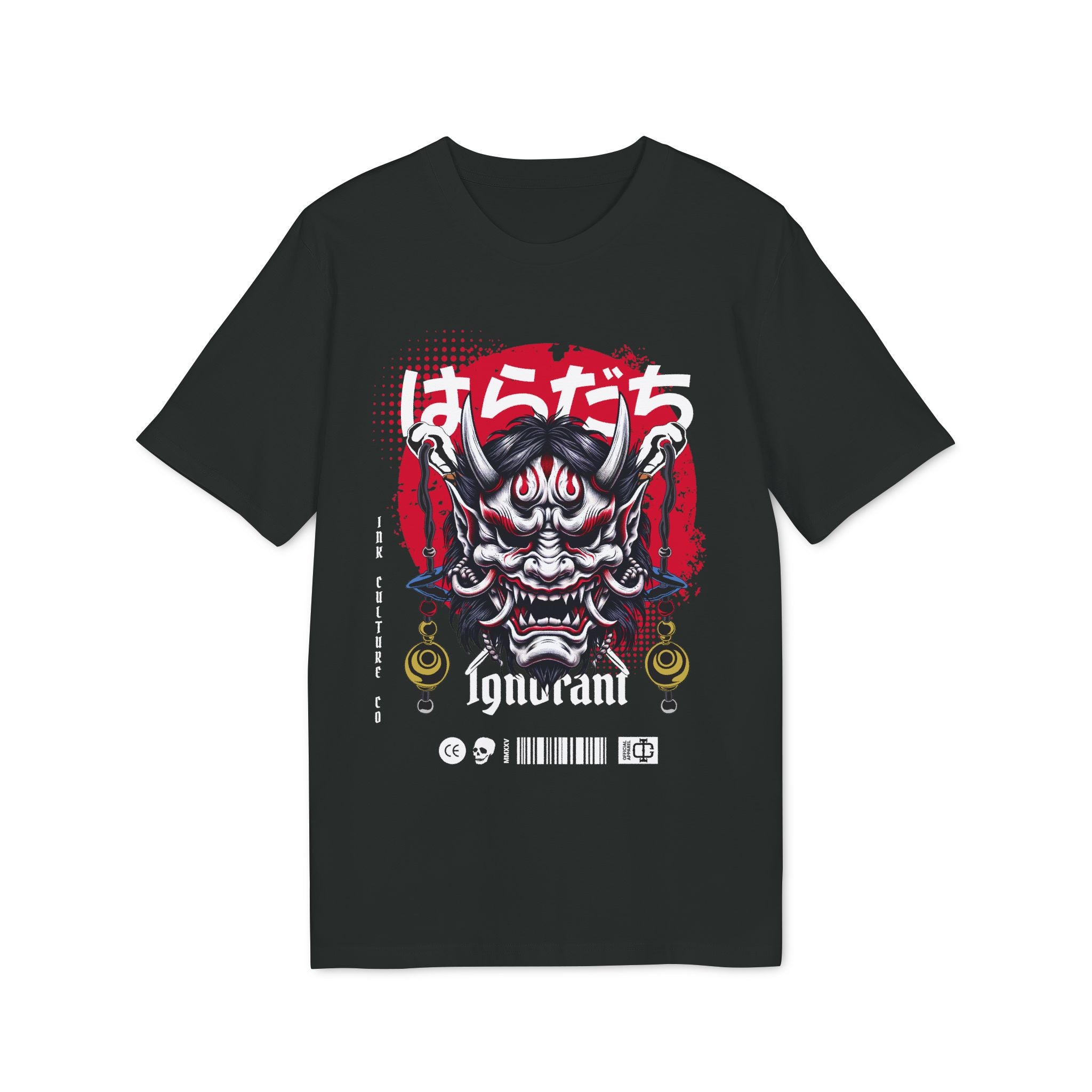 Demon Oni Mask Graphic T-Shirt — Japanese Horror Streetwear with 'Haradachi' Text