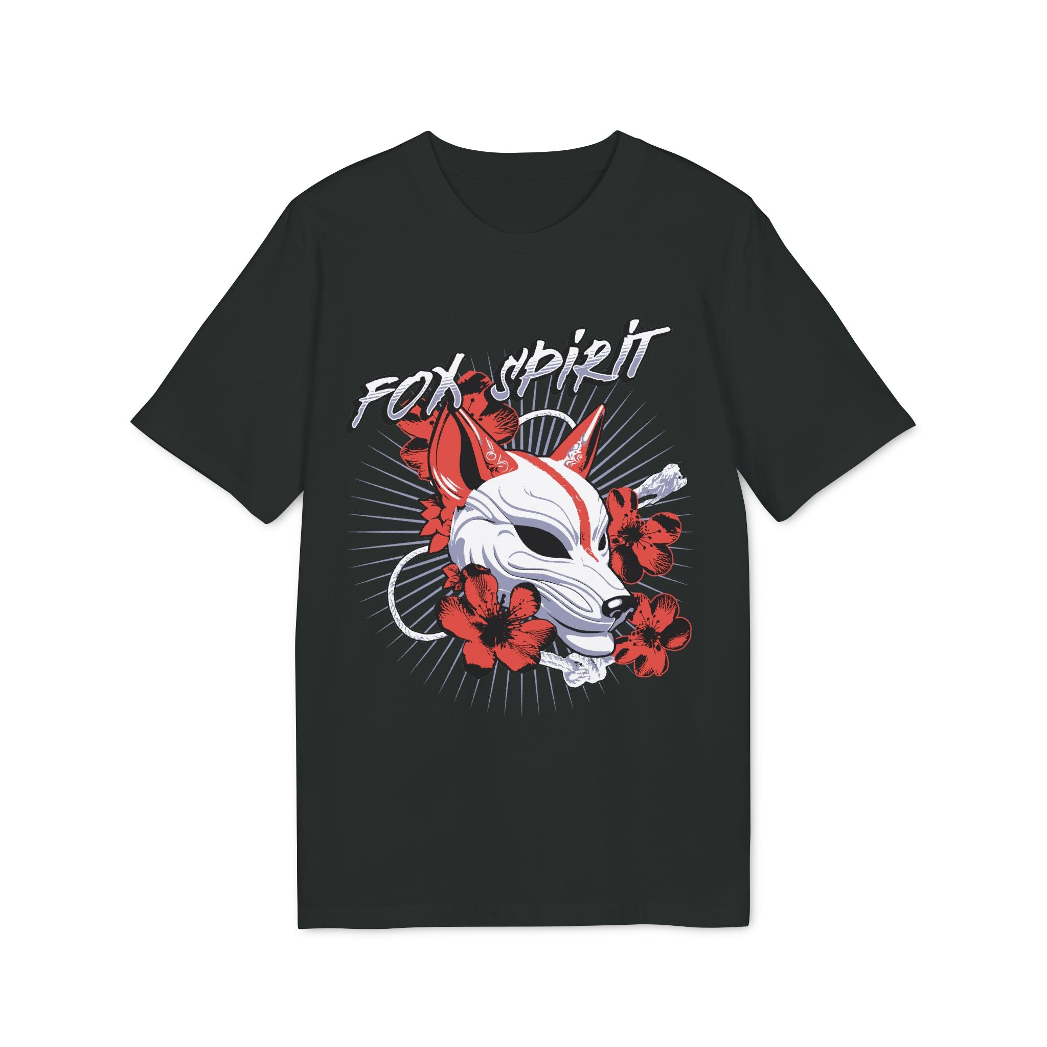 Fox Spirit T-Shirt — Japanese Kitsune Mask with Red Blossoms
